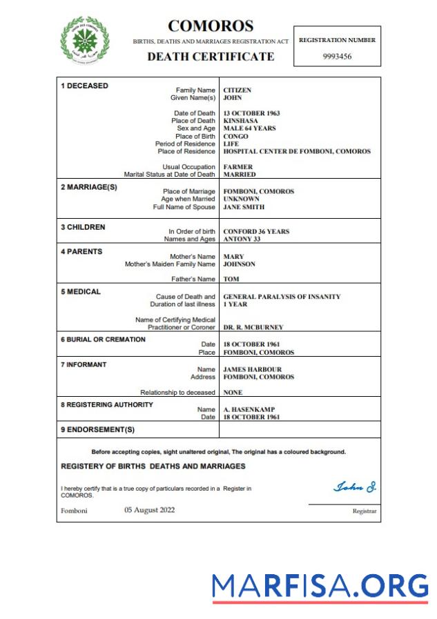 Printable Comoros vital record death certificate Word and PDF template